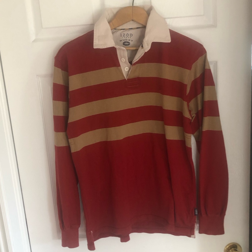 Izod Jeans long-sleeved polo shirt is a red and tan striped rugby top